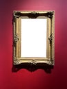 Antique golden art fair gallery frame on the wall at auction house or museum exhibition, blank template with empty white copyspace