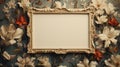 An antique golden picture frame on a photo of wallpaper with flowers