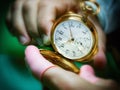 Antique golden pocket watch with clockmaker fingers Royalty Free Stock Photo