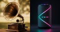 Antique gramophone alongside a modern Bluetooth speaker. The gramophone Royalty Free Stock Photo