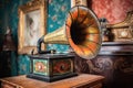 antique gramophone with colorful vinyl record