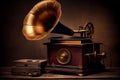 Antique gramophone old wood nostalgia equipment ,generative AI