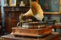 Antique Gramophone Playing Vinyl Records in Vintage Room Setting with Classic Decor and Warm Atmosphere