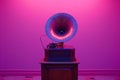 an antique gramophone sitting on a wooden stand in a purple room