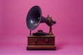 an antique gramophone sitting on a wooden stand in a purple room