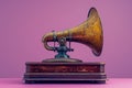 an antique gramophone sitting on a wooden stand in a purple room