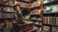 An antique gramophone surrounded by shelves of vinyl records awaiting their turn to be played