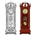 Antique grandfather pendulum clock. Hand drawn black and white and colored vector illustration. Royalty Free Stock Photo