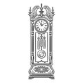 Antique grandfather pendulum clock. Traditional floor standing clock. Black and white hand drawn sketch style vector