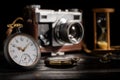 Antique gray pocket watch with a retro film camera and hourglass on blurred background. Silver round pocket watch with Royalty Free Stock Photo