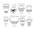 Antique Greece outline vases bundle. Ancient greece vessels and amphoras for wine or oil, ornate old vases silhouettes