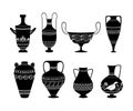 Antique Greece solid black vases bundle. Ancient greece vessels and amphoras for wine or oil, ornate old vases