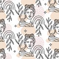 Antique Greek Bust Sculpture seamless pattern. Abstract shpes with floral elements. Hand drawn vector illustration for