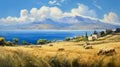 Realistic Oil Painting Of Greek Island Landscape With Farming Village