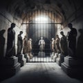 Antique Greek statues in vaulted hallway behind bars with central figure illuminated. Symbol of freedom and justice. Royalty Free Stock Photo