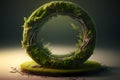 An antique green statue of circle covered in moss on a dark background. Green floral illustration. Generative AI