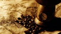 Antique grinder, coffee beans, vintage map, dark tones, cafe Royalty Free Stock Photo