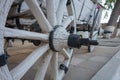 Antique gypsy cart white. Wheel close-up. Antique vehicle Royalty Free Stock Photo