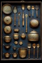 Antique hammered brass cookware and utensils arranged in a wooden tray. A visually rich still life showcasing texture and