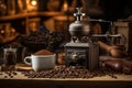 Antique hand coffee grinder with ground coffee beans and a filled powder bowl in a rustic charm indoor residence. AI generated.