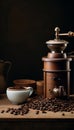 Antique hand coffee grinder with ground coffee beans and a filled powder bowl in a rustic charm indoor residence. AI generated.