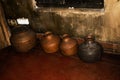 Antique handcrafted copper pots. Indian waterpots. Royalty Free Stock Photo
