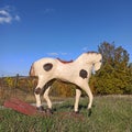 an antique handmade wooden rocking horse, with a backdrop of a natural autumn landscape