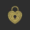 Antique hanged lock with loop and keyhole in heart shape decorative grunge texture hand drawn vector