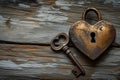 Antique heart-shaped padlock with visible rust, paired with a skeleton key, on a textured wooden backdrop