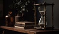 Antique hourglass on old table tells time generated by AI