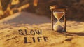 Antique hourglass on sandy desert with SLOW LIFE written beside it. Royalty Free Stock Photo