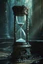 Antique hourglass with water flowing through in a room with vintage decor