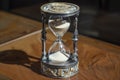 Antique hourglass on wooden table