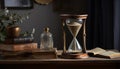 Antique hourglass on wooden table marks time generated by AI