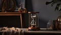 Antique hourglass on wooden table measures time passing generated by AI
