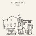 Antique houses in Carcassonne, France, Europe. Cozy European town near the famous castle. Hand drawing in retro style. Travel