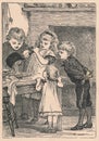 Antique illustration shows children cooking in the kitchen. Vintage illustration shows children try cooking at home. Old