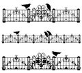 Antique iron fence and gates with raven birds black vector silhouette set
