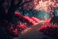 Antique Japanese garden with cherry blossom. Generative AI