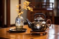 an antique japanese teapot on a wooden table, with a traditional fan in the background Royalty Free Stock Photo