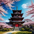 Antique Japanese temple with cherry created a digital art illustration