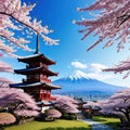 Antique Japanese temple with cherry created a digital art illustration