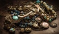 Antique jewelry collection: necklaces, bracelets, earrings, pendants, and beads generated by AI Royalty Free Stock Photo