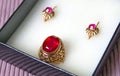 Antique jewelry earrings and ring with ruby earrings Royalty Free Stock Photo