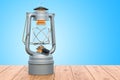 Antique Kerosene Lantern on the wooden table. 3D rendering