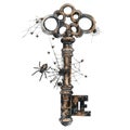 An antique key adorned with cobwebs and tiny spiders Royalty Free Stock Photo