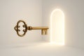 An antique key in front of a glowing portal. Royalty Free Stock Photo