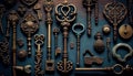 Antique key on ornate background elegant metal decoration ,generative AI Royalty Free Stock Photo