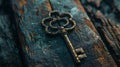 Antique key on weathered wooden surface. a symbol of mystery and security. vintage style photography. perfect for Royalty Free Stock Photo