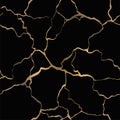 Gold crack on black background. Vector seamless pattern. Antique Kintsugi restoration technique. Broken marble luxury